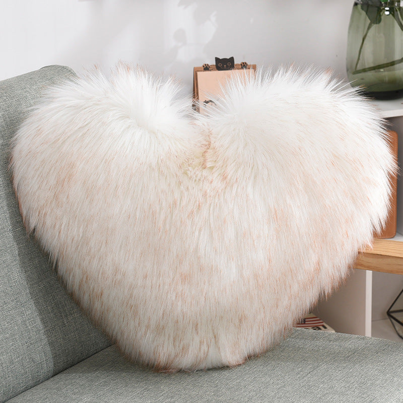 Heart Shape Plush Throw Pillow, Fluffy Shaggy Sofa Cushion