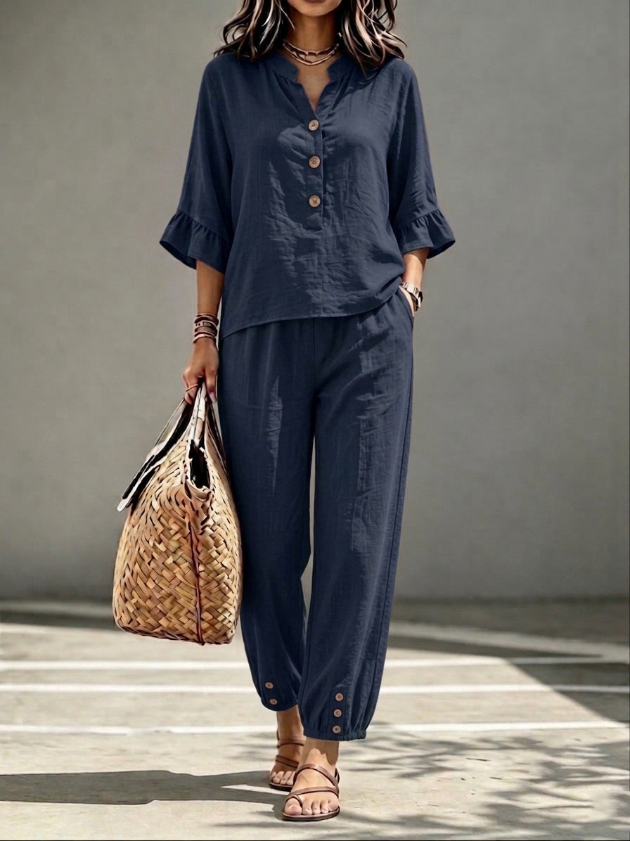 Women's 2-Piece V-Neck Top and Wide Leg Trousers Co-ord Set