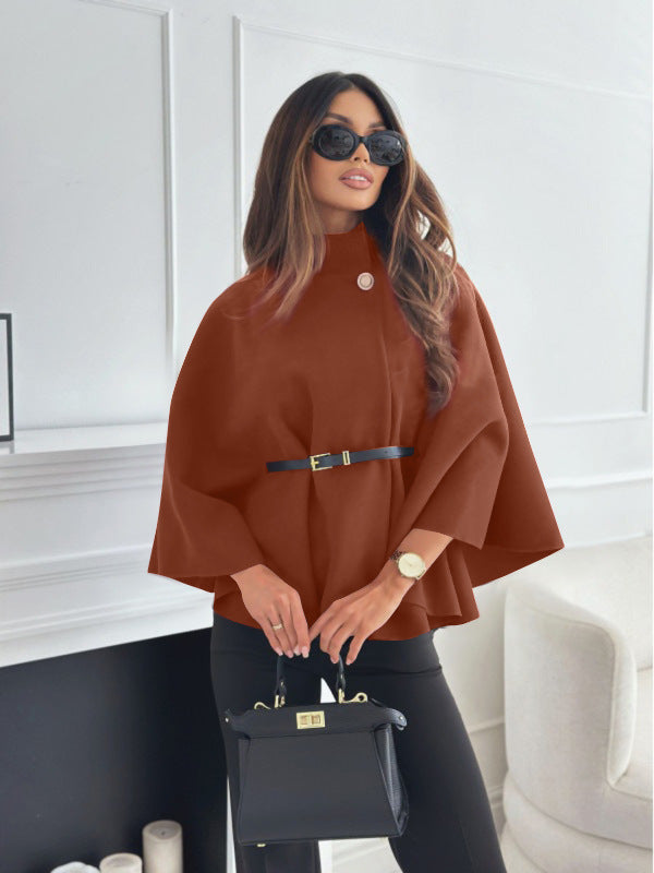 Women's Stand Collar Batwing Cloak Jacket With Belt, Woolen Look