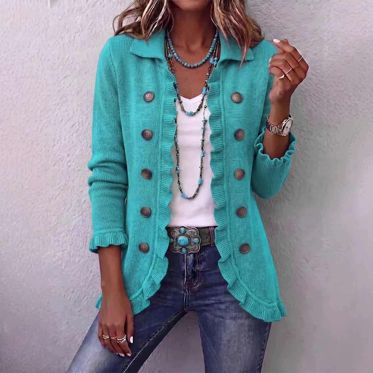 Women's Ruffled Long-Sleeve Knit Cardigan With Buttons