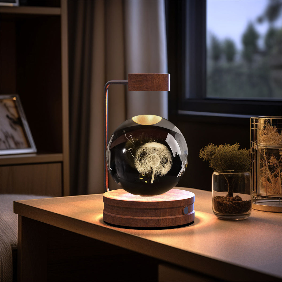 Crystal Ball Night Light With 3D Pattern On Wooden Base