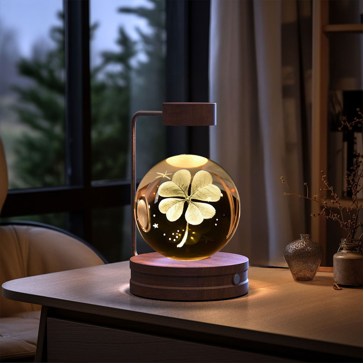 Crystal Ball Night Light With 3D Pattern On Wooden Base