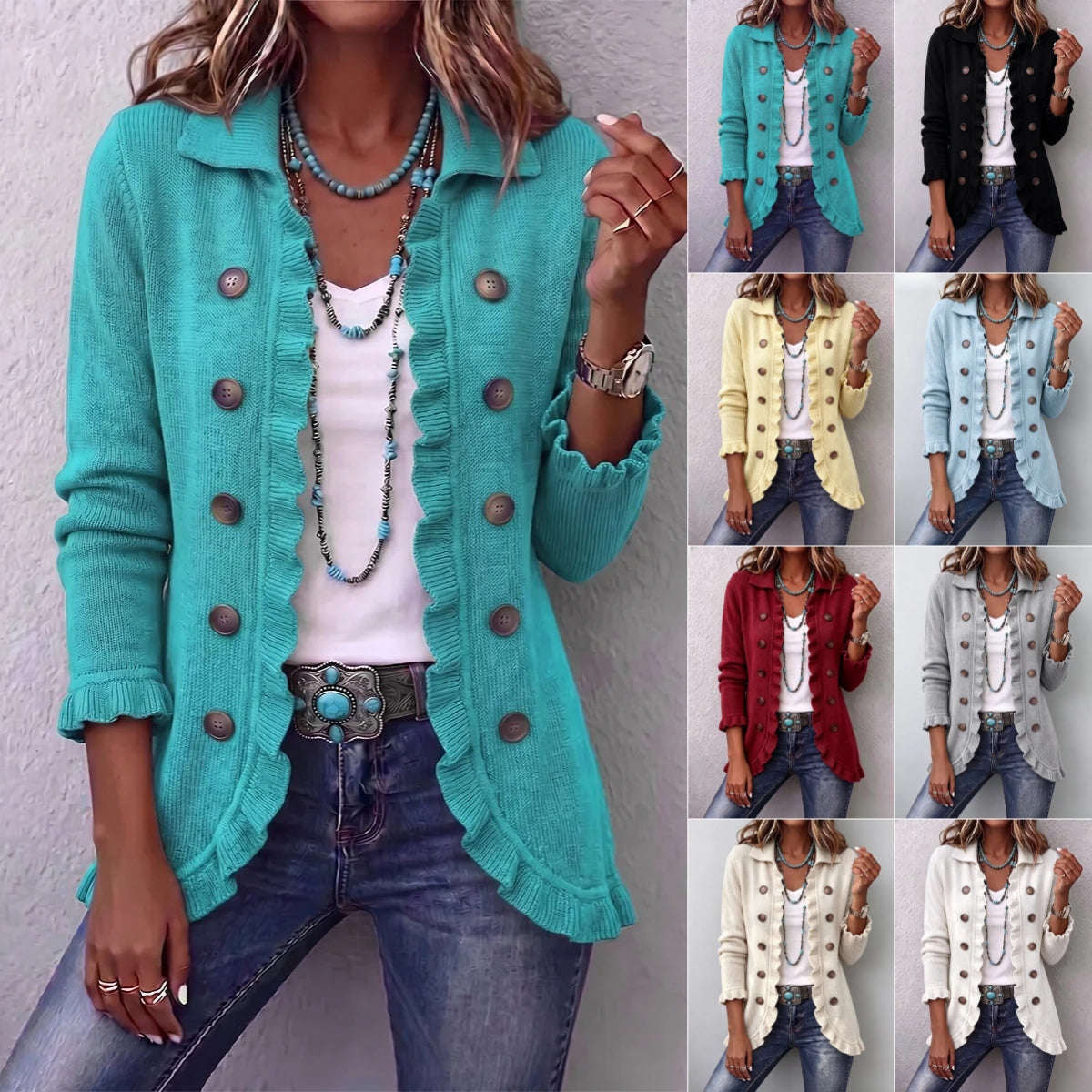 Women's Ruffled Long-Sleeve Knit Cardigan With Buttons