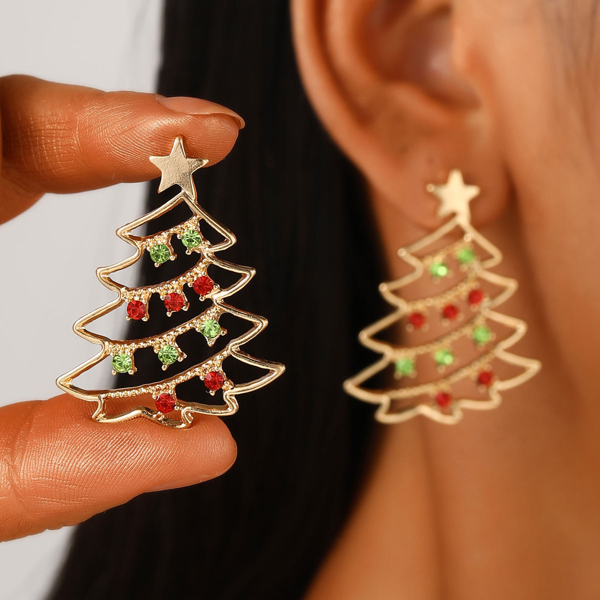 Colourful Zircon Christmas Tree Earrings in Gold Red and Green