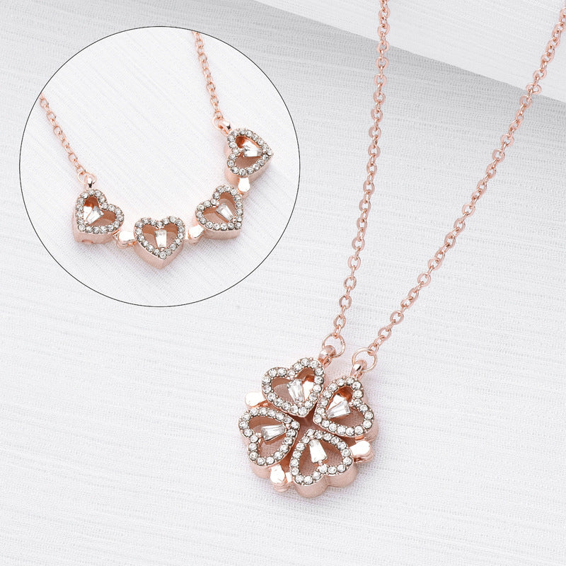 Retro Magnetic Folding Heart Four Leaf Clover Necklace