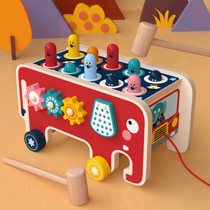 Montessori Wooden Pounding Bench with Animal Bus for Toddlers