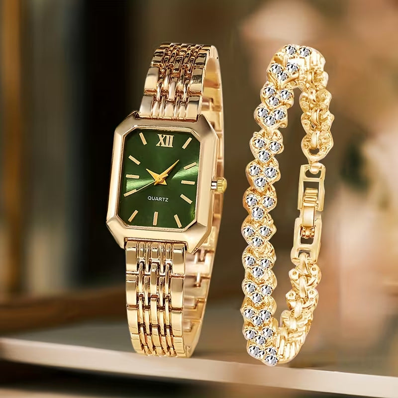 Women's Square Quartz Wristwatch Set with Bracelet