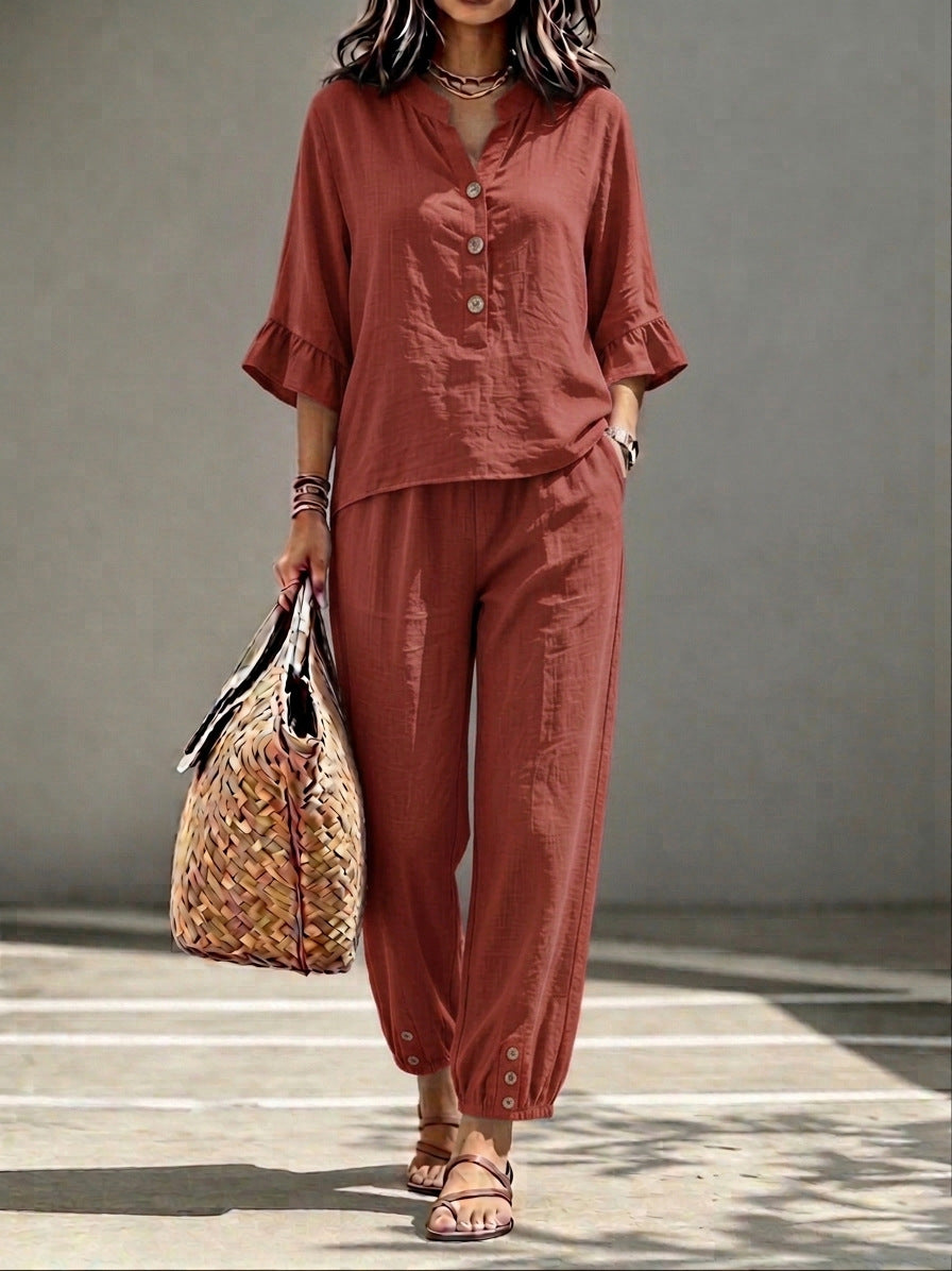 Women's 2-Piece V-Neck Top and Wide Leg Trousers Co-ord Set