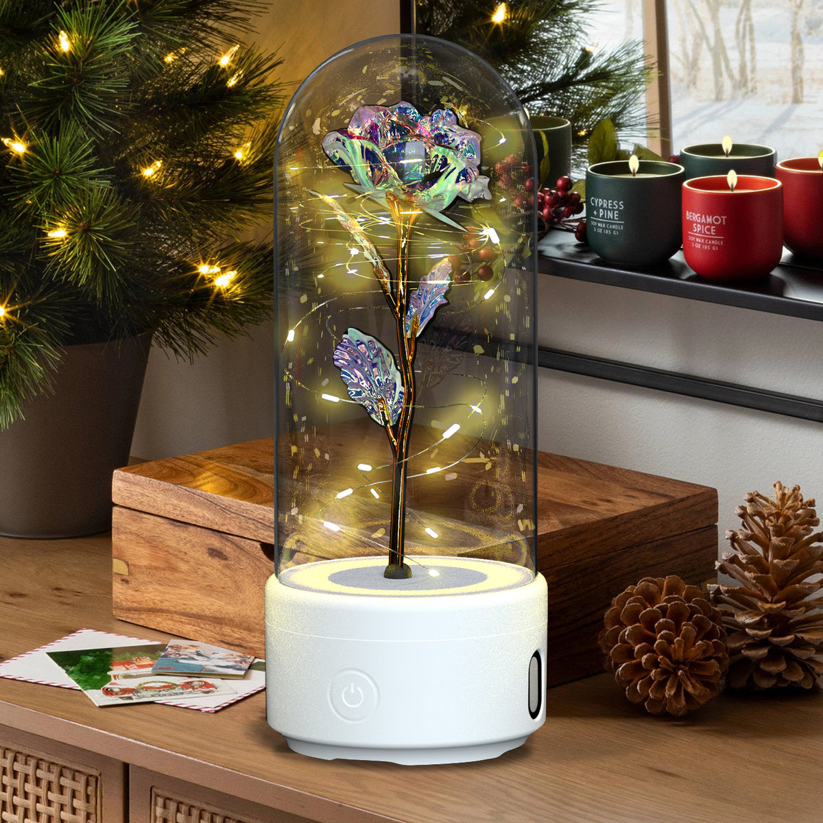 Rose Flower LED Night Light With Bluetooth Speaker In Glass Dome