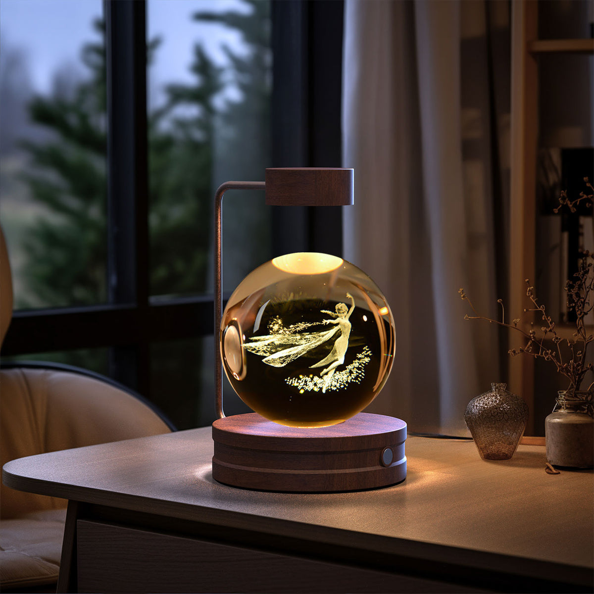 Crystal Ball Night Light With 3D Pattern On Wooden Base