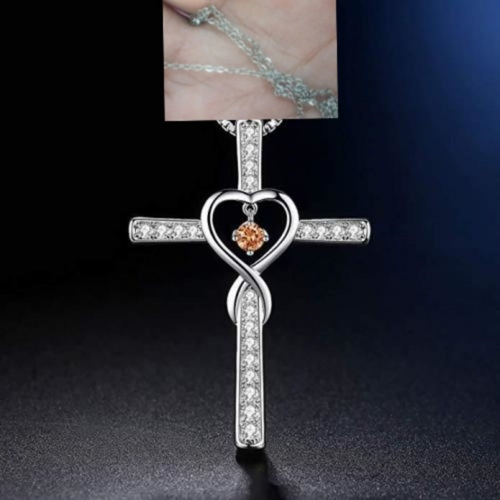 Birthstone Crystal Cross and Heart Pendant Necklace, Gold-Plated