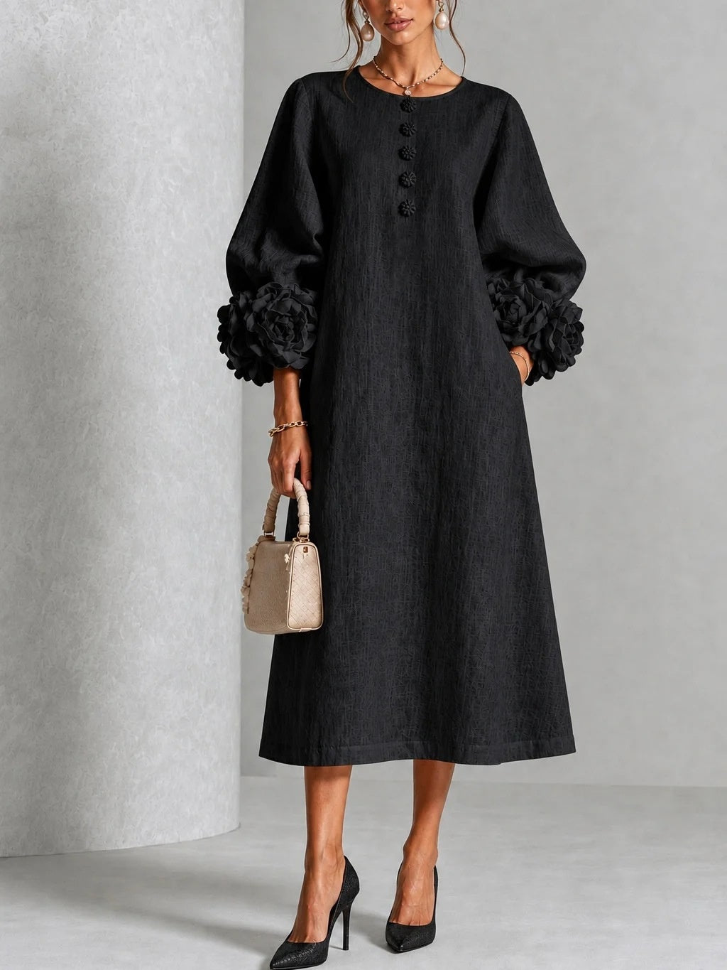 Floral Puff Sleeve A-Line Dress With 3D Flowers For Parties