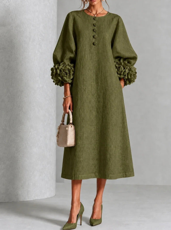 Floral Puff Sleeve A-Line Dress With 3D Flowers For Parties