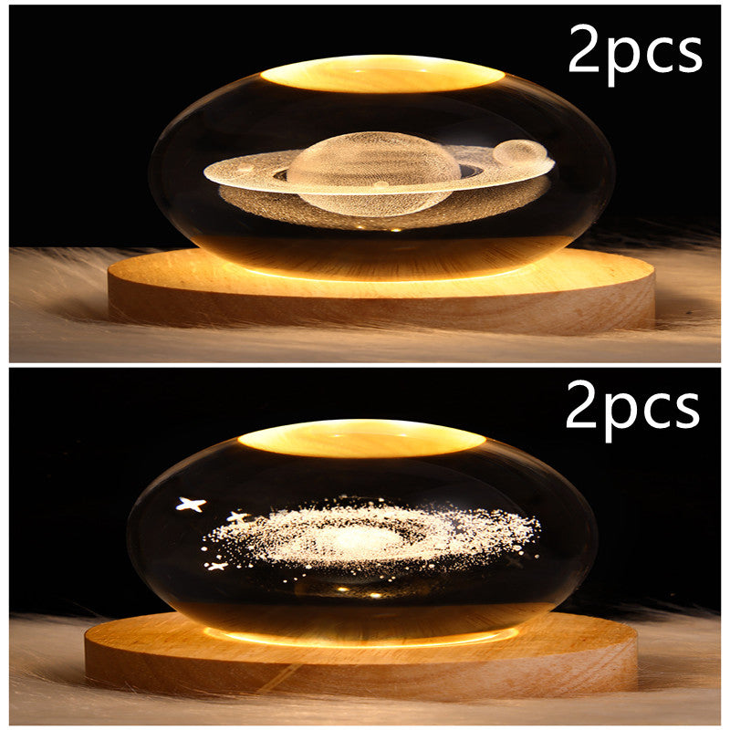 LED Galaxy Crystal Ball Night Light With Solid Wood Base