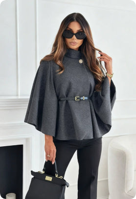 Women's Stand Collar Batwing Cloak Jacket With Belt, Woolen Look
