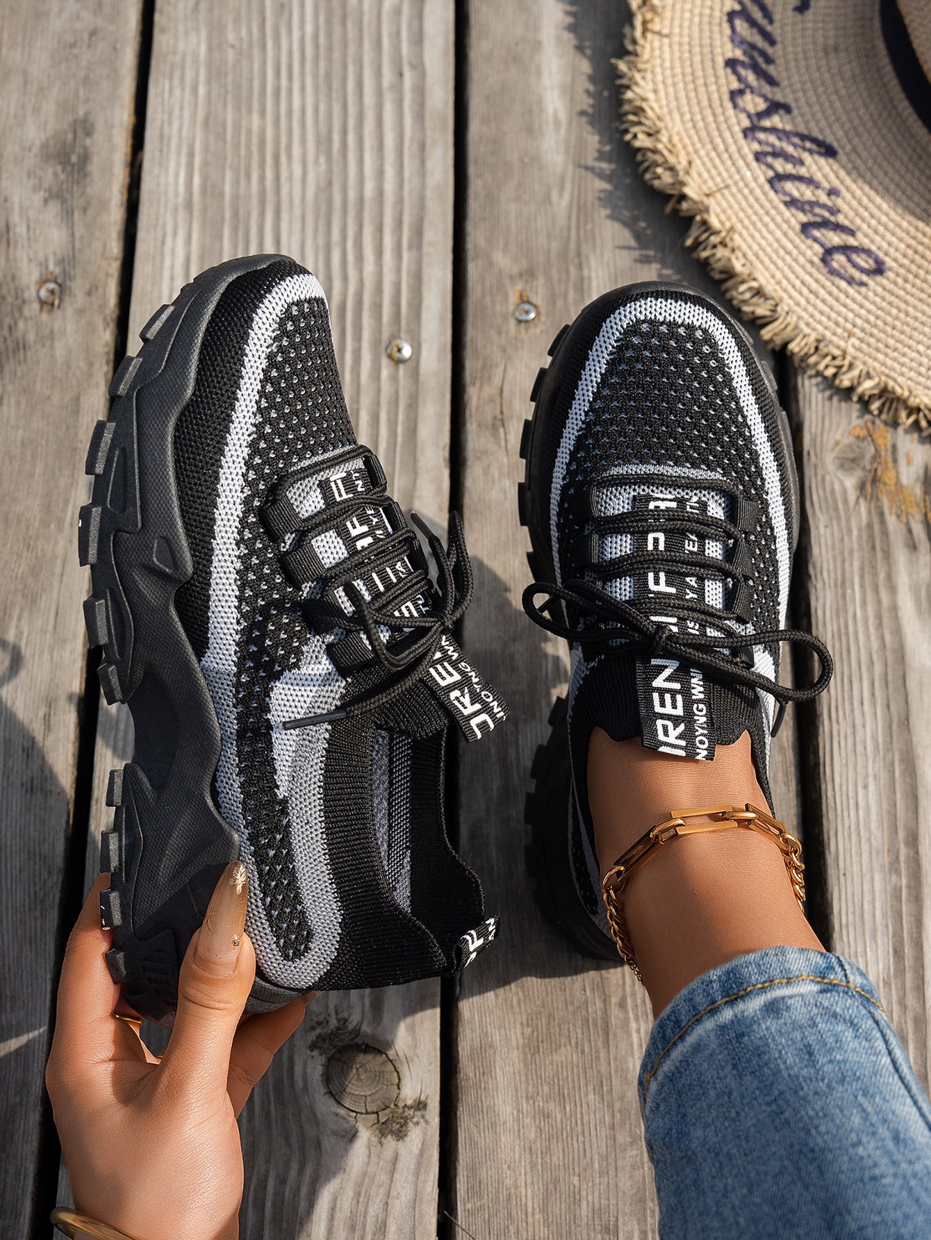 Women's Flyknit Mesh Lace-Up Sneakers, Breathable Walking and Running Shoes