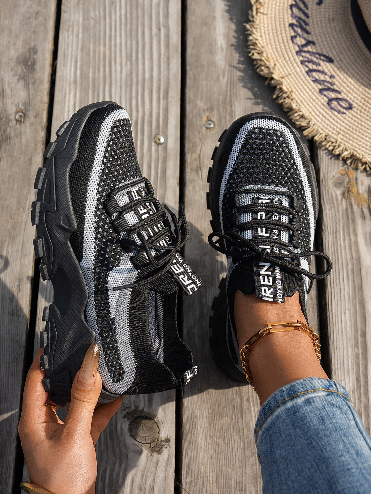 Women's Flyknit Mesh Lace-Up Sneakers, Breathable Walking and Running Shoes