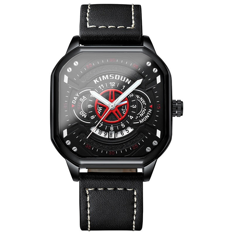 Men's Trendy Waterproof Quartz Watch with Leather Strap