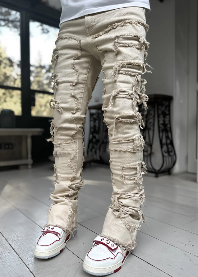 Men's Ripped Fringe Patched Jeans in a Slim Stacked Fit