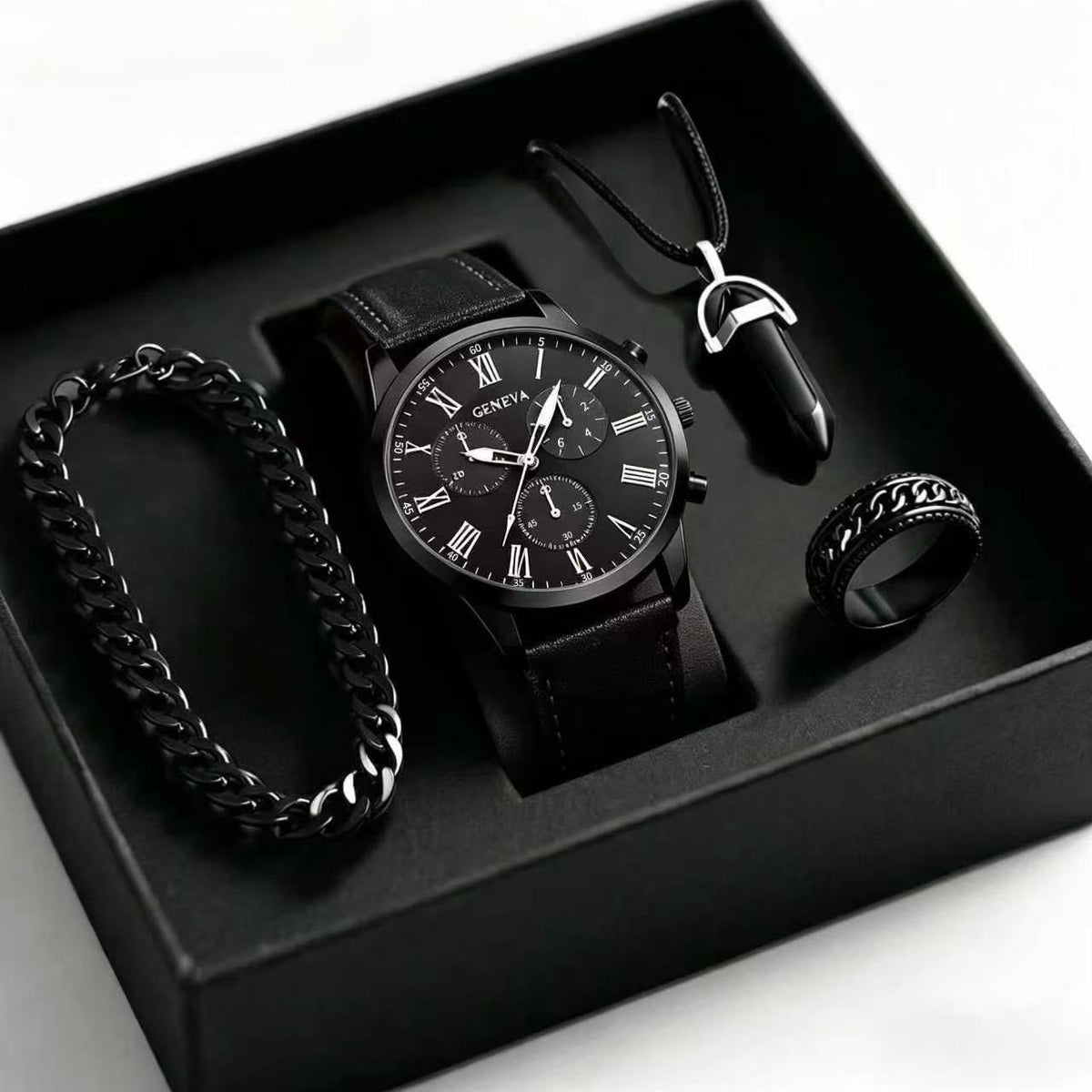 Men's Quartz Watch with Necklace, Bracelet and Ring Gift Set