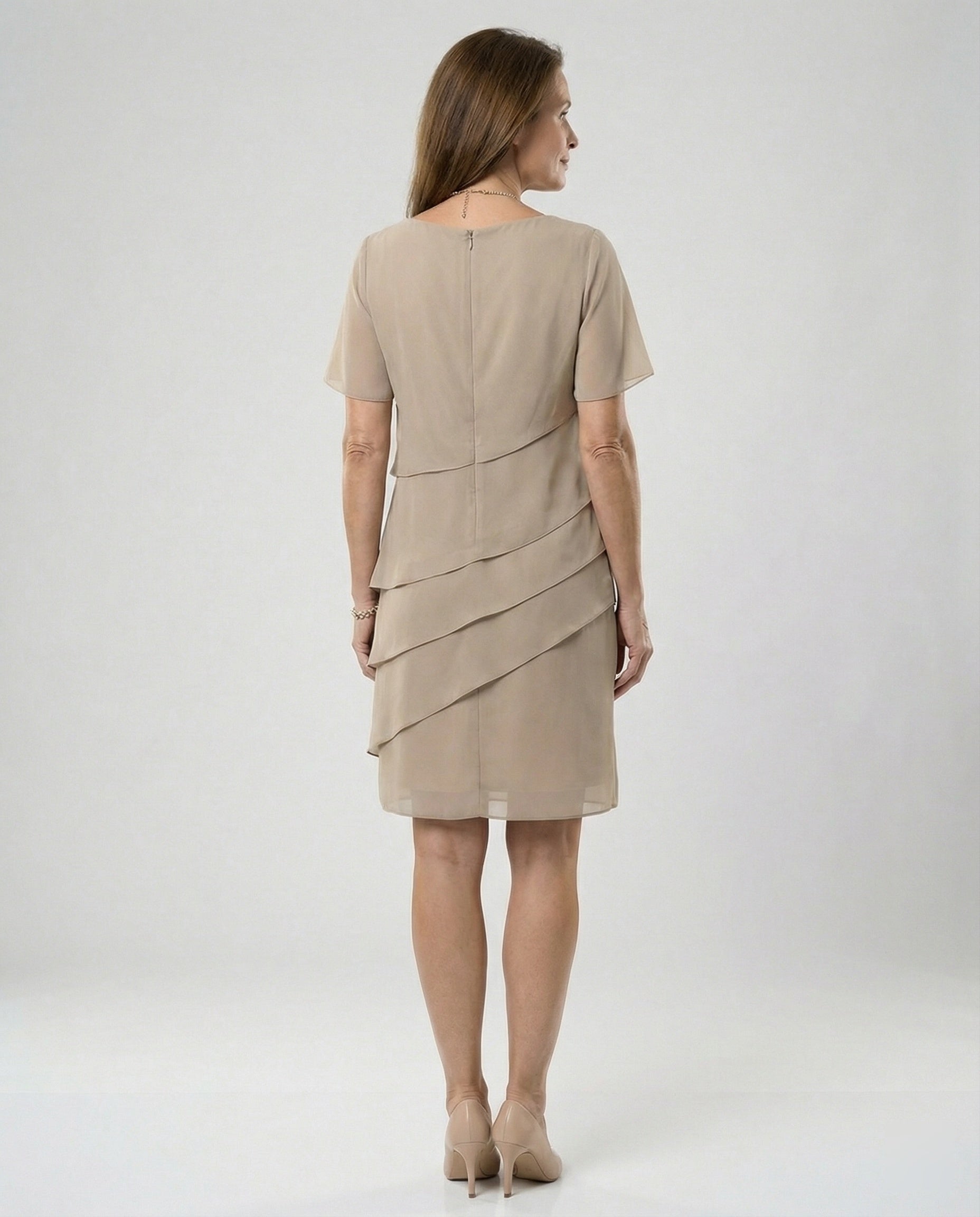 Women's Chiffon Dress with Tiered Front and Short Sleeves