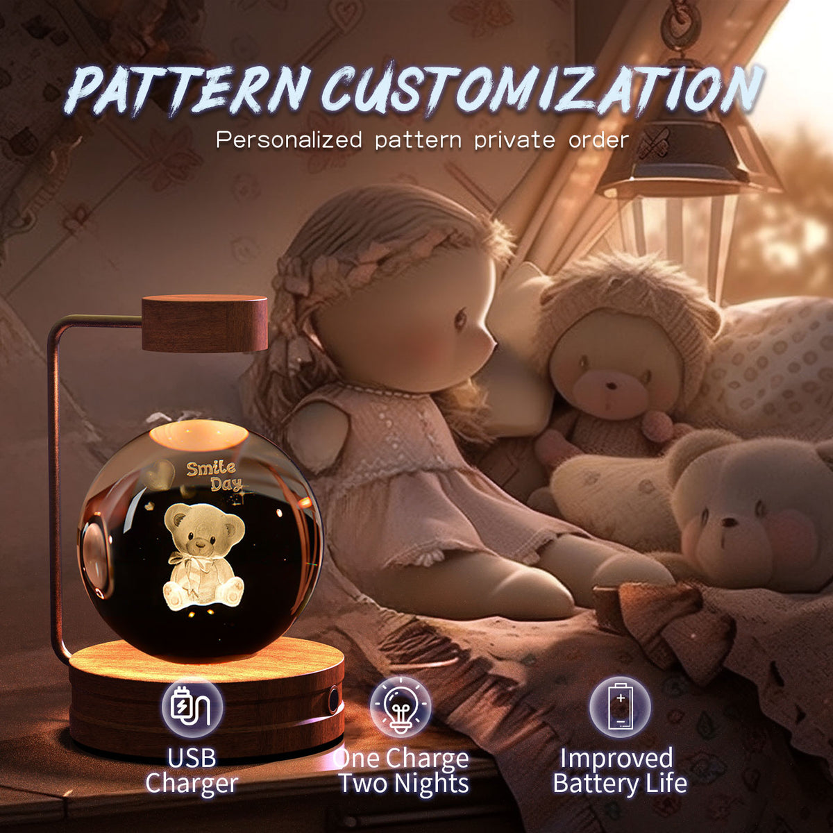 Crystal Ball Night Light With 3D Pattern On Wooden Base