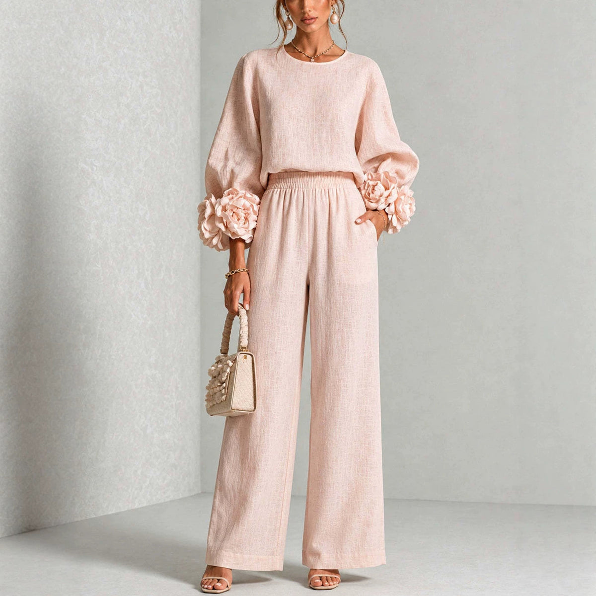 Women's Floral Cuff Top And Wide Leg Trousers Two Piece Set