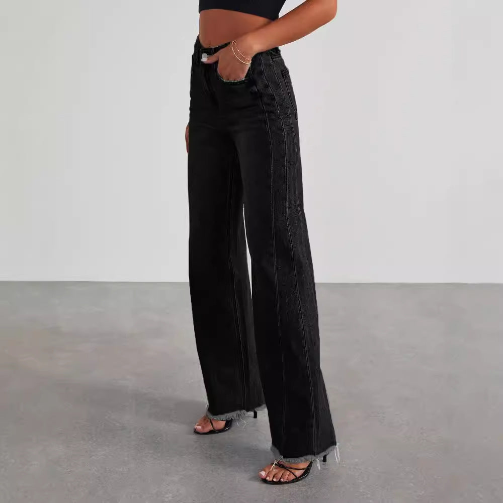 Women's High-Waist Straight Wide-Leg Jeans with Pockets