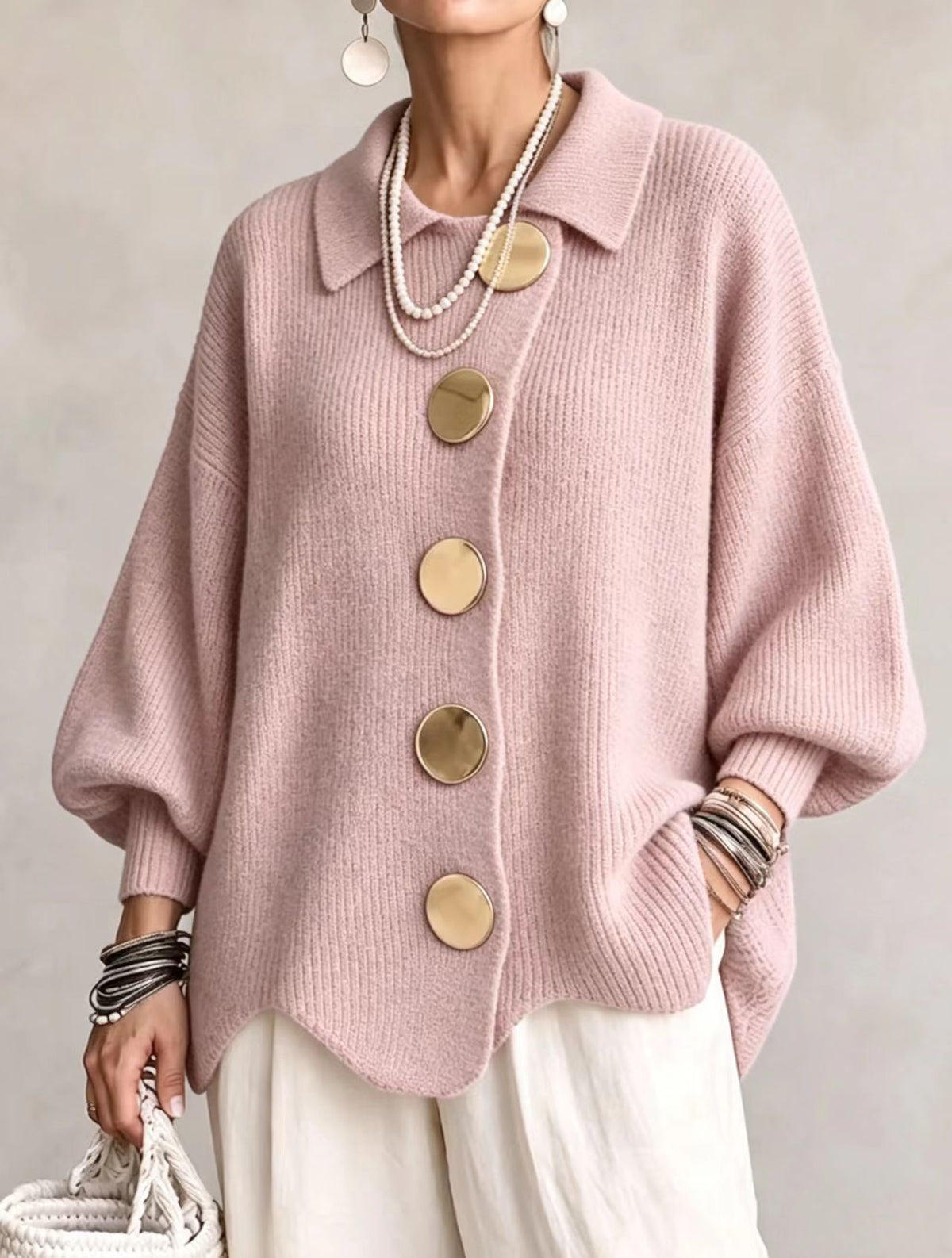 Women's Button-Down Knitted Cardigan, Loose Lapel Jacket