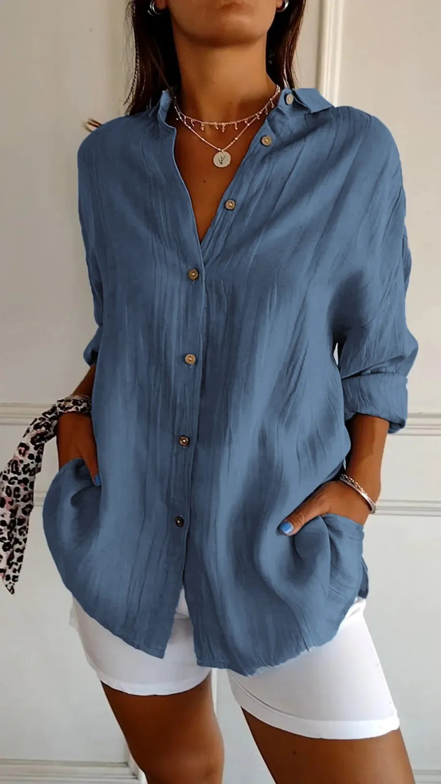 Women's Pleated Single-Breasted Lapel Shirt, Loose Fit, XS to 5XL