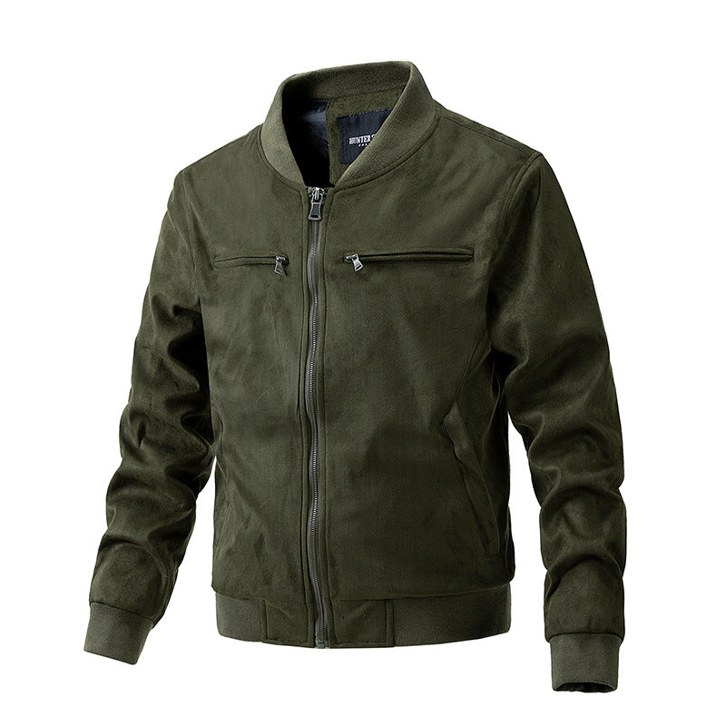 Men's Suede Stand Collar Jacket with Double Zip and Pockets
