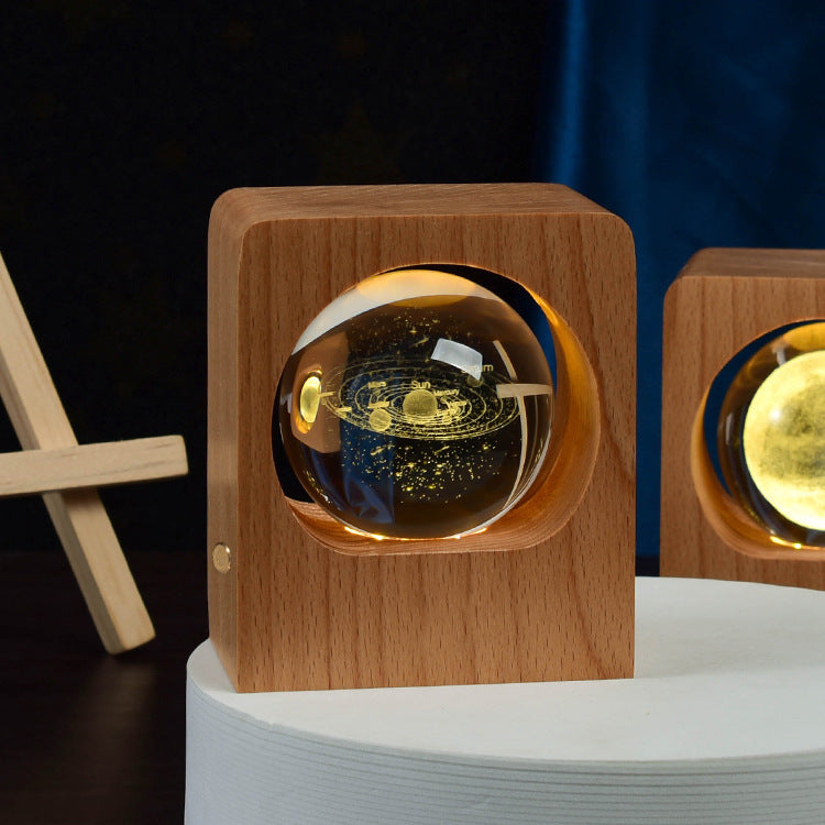 3D Engraved Crystal Ball Night Light with Beech Wood Base