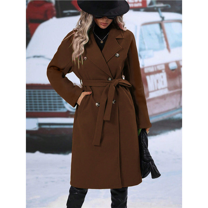 Women's Double-Breasted Trench Coat With Belt, Long Winter Jacket