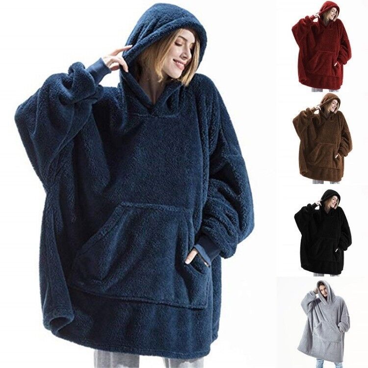 Oversized Fleece Hoodie With Big Pocket, Thick Double-Sided