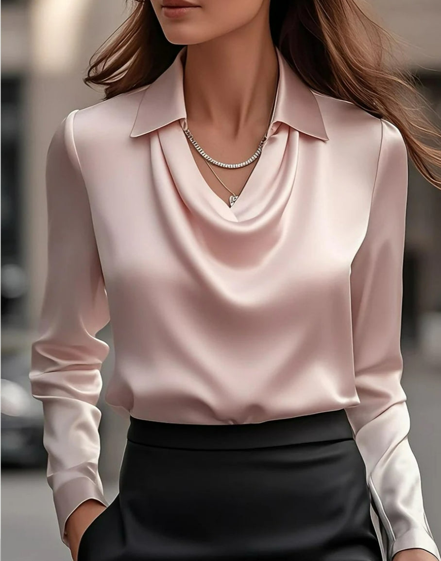 Women's Draped Swing Collar Satin Blouse with Long Sleeves