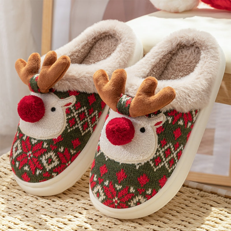 Cute Christmas Elk Plush Slippers with Non-Slip Sole