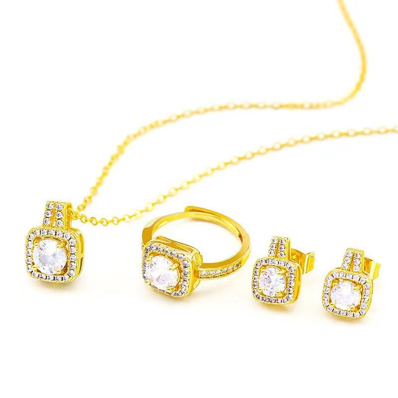 Zircon Pendant Necklace, Stud Earrings And Ring Jewellery Set