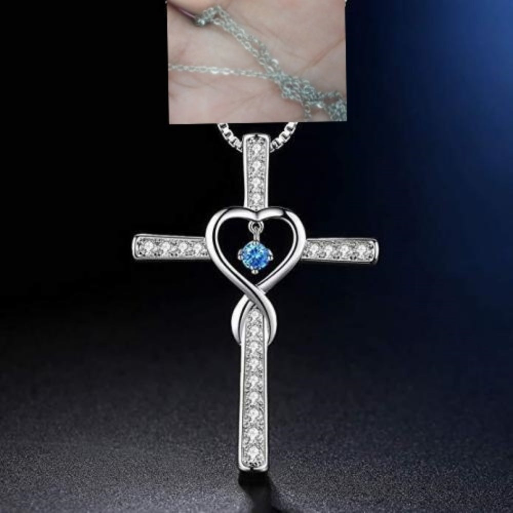 Birthstone Crystal Cross and Heart Pendant Necklace, Gold-Plated