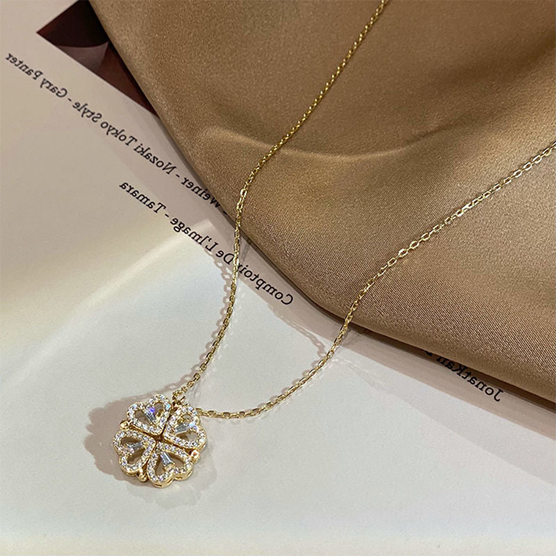 Retro Magnetic Folding Heart Four Leaf Clover Necklace