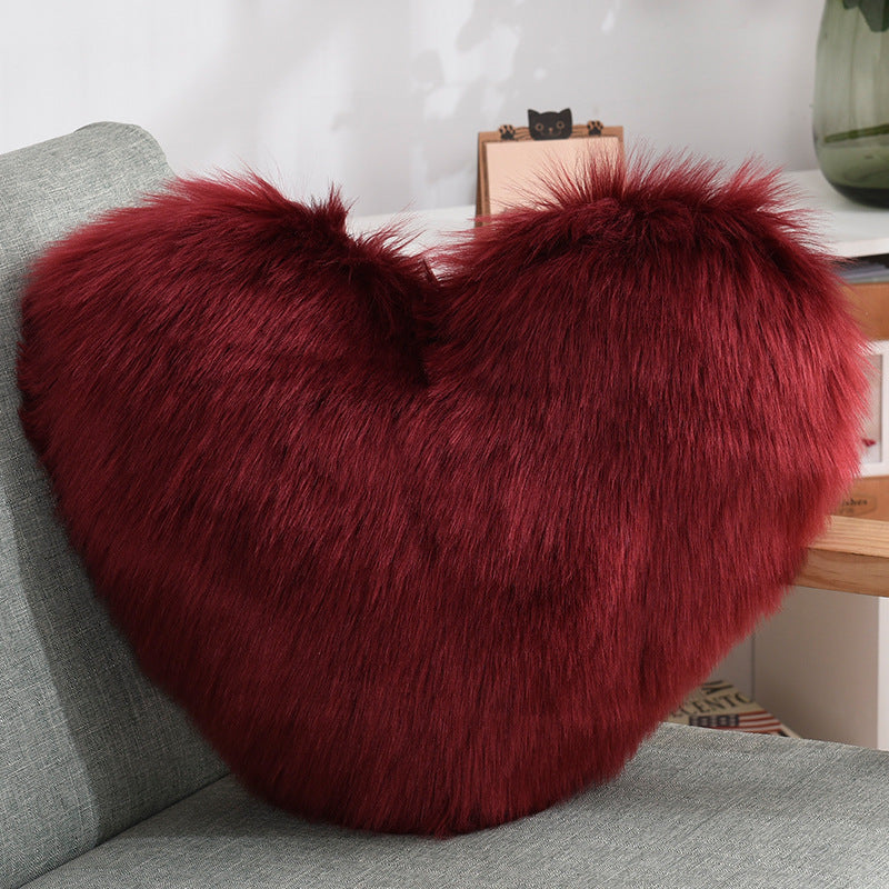 Heart Shape Plush Throw Pillow, Fluffy Shaggy Sofa Cushion