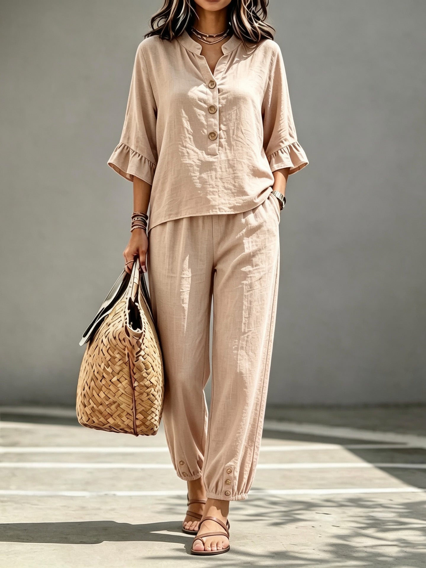 Women's 2-Piece V-Neck Top and Wide Leg Trousers Co-ord Set