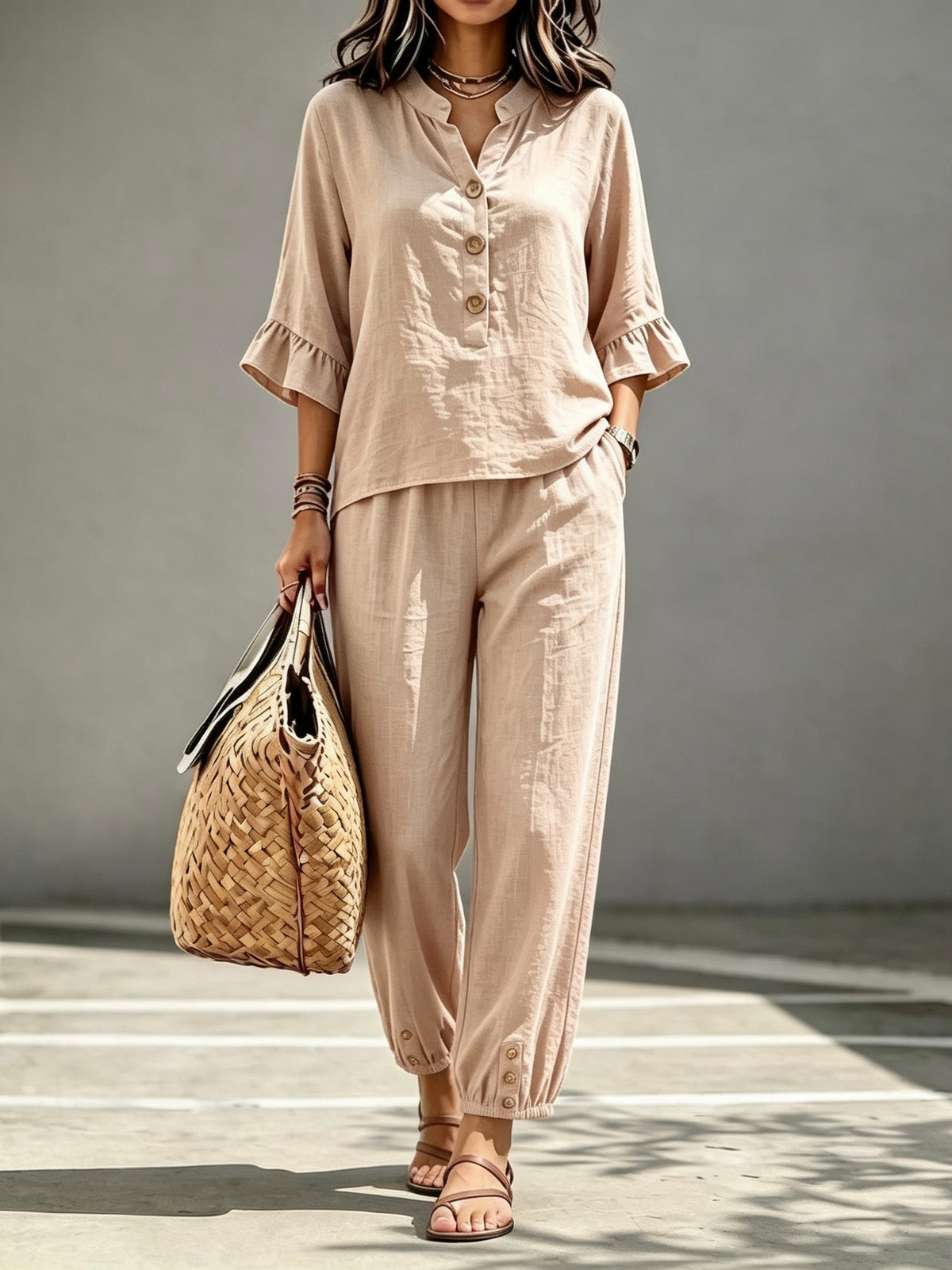 Women's 2-Piece V-Neck Top and Wide Leg Trousers Co-ord Set