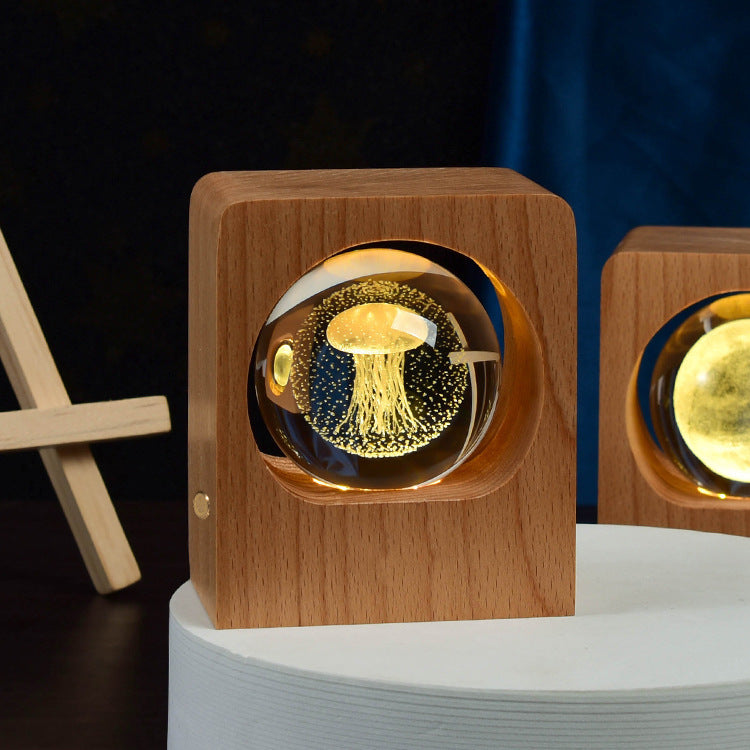 3D Engraved Crystal Ball Night Light with Beech Wood Base