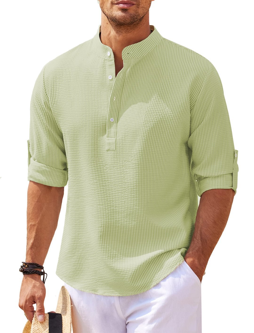 Men's Long Sleeve Stand Collar Shirt, Solid Colour Casual Top