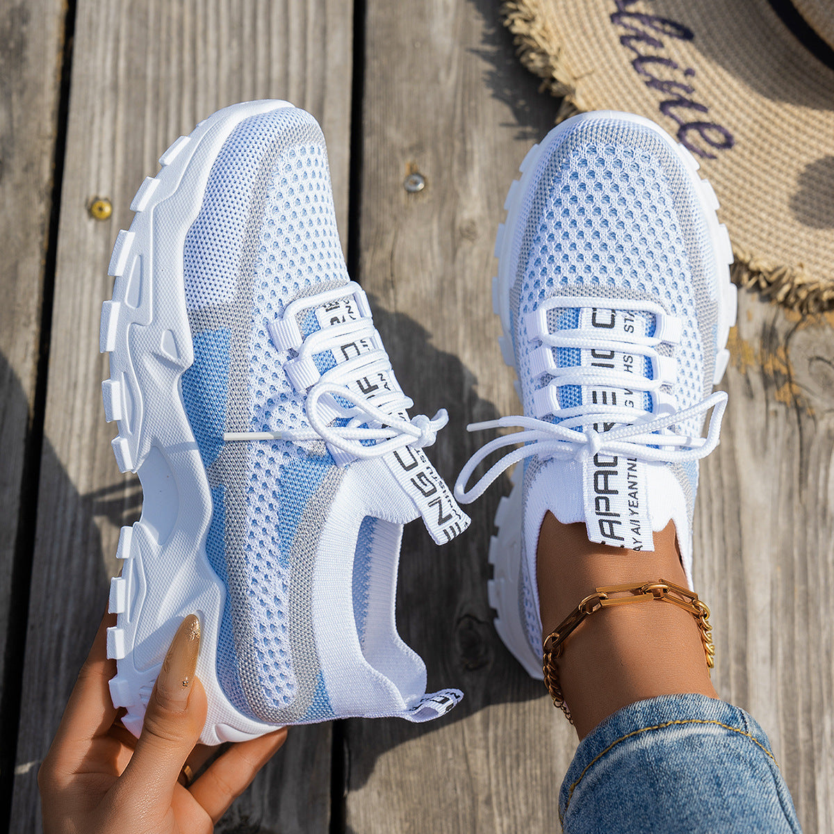 Women's Flyknit Mesh Lace-Up Sneakers, Breathable Walking and Running Shoes