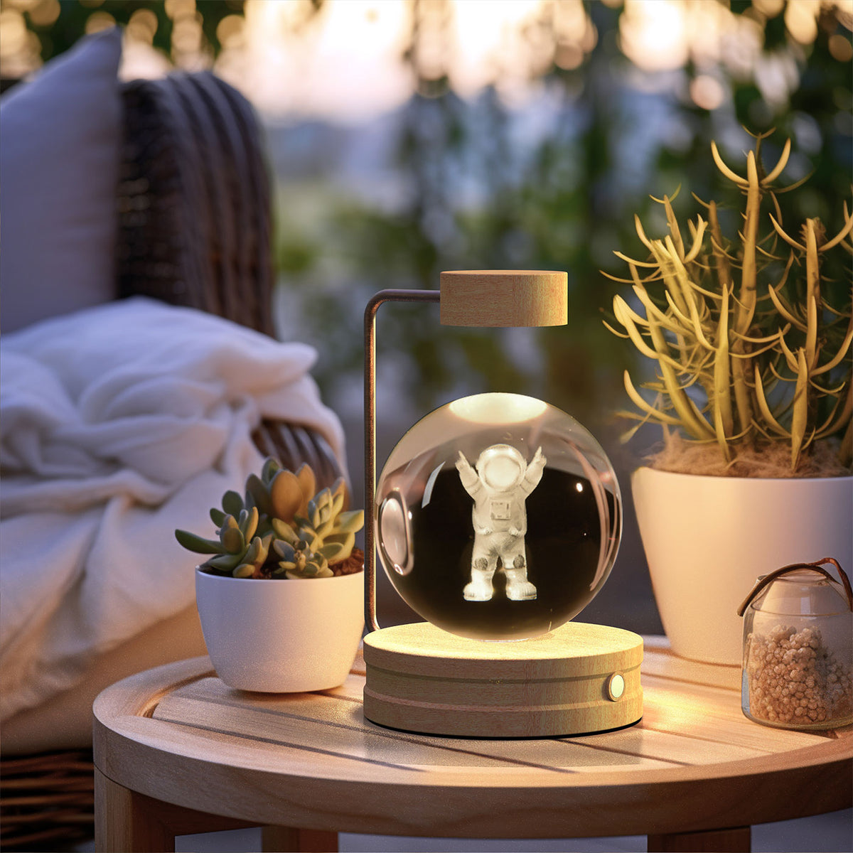 Crystal Ball Night Light With 3D Pattern On Wooden Base