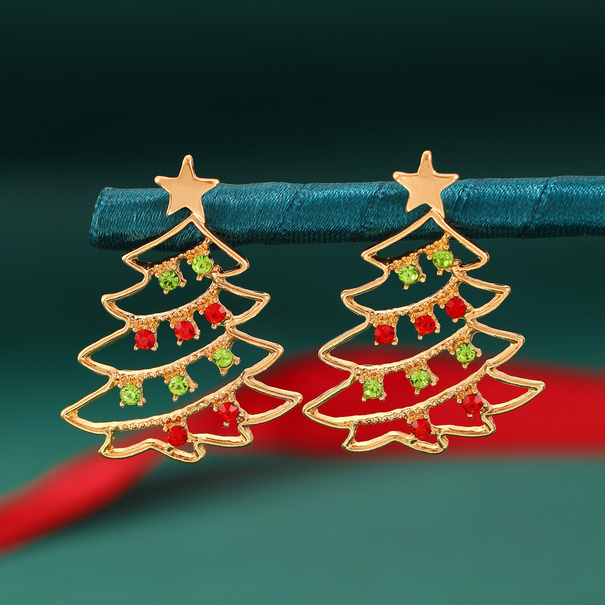 Colourful Zircon Christmas Tree Earrings in Gold Red and Green
