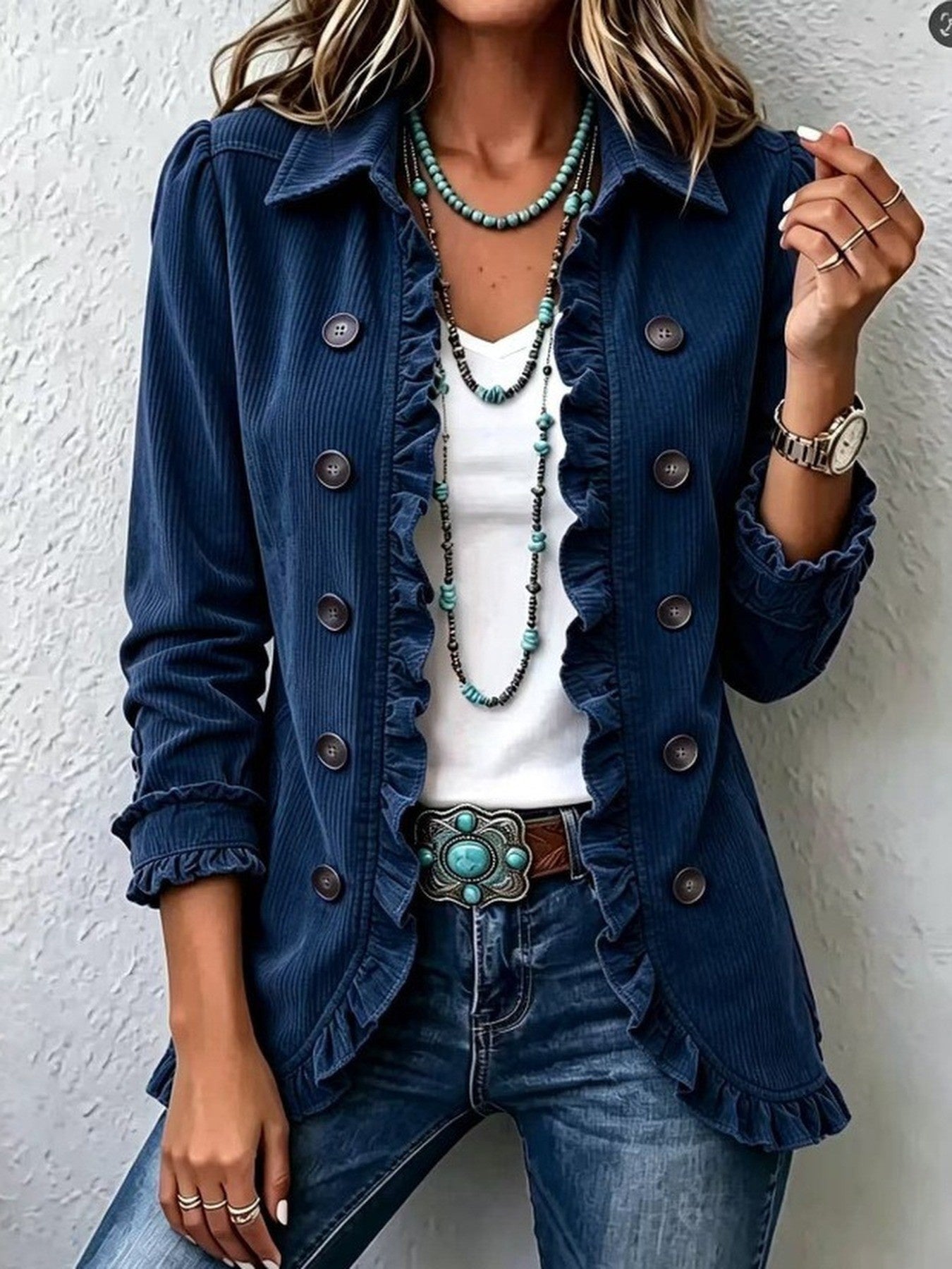 Women's Ruffled Long-Sleeve Knit Cardigan With Buttons