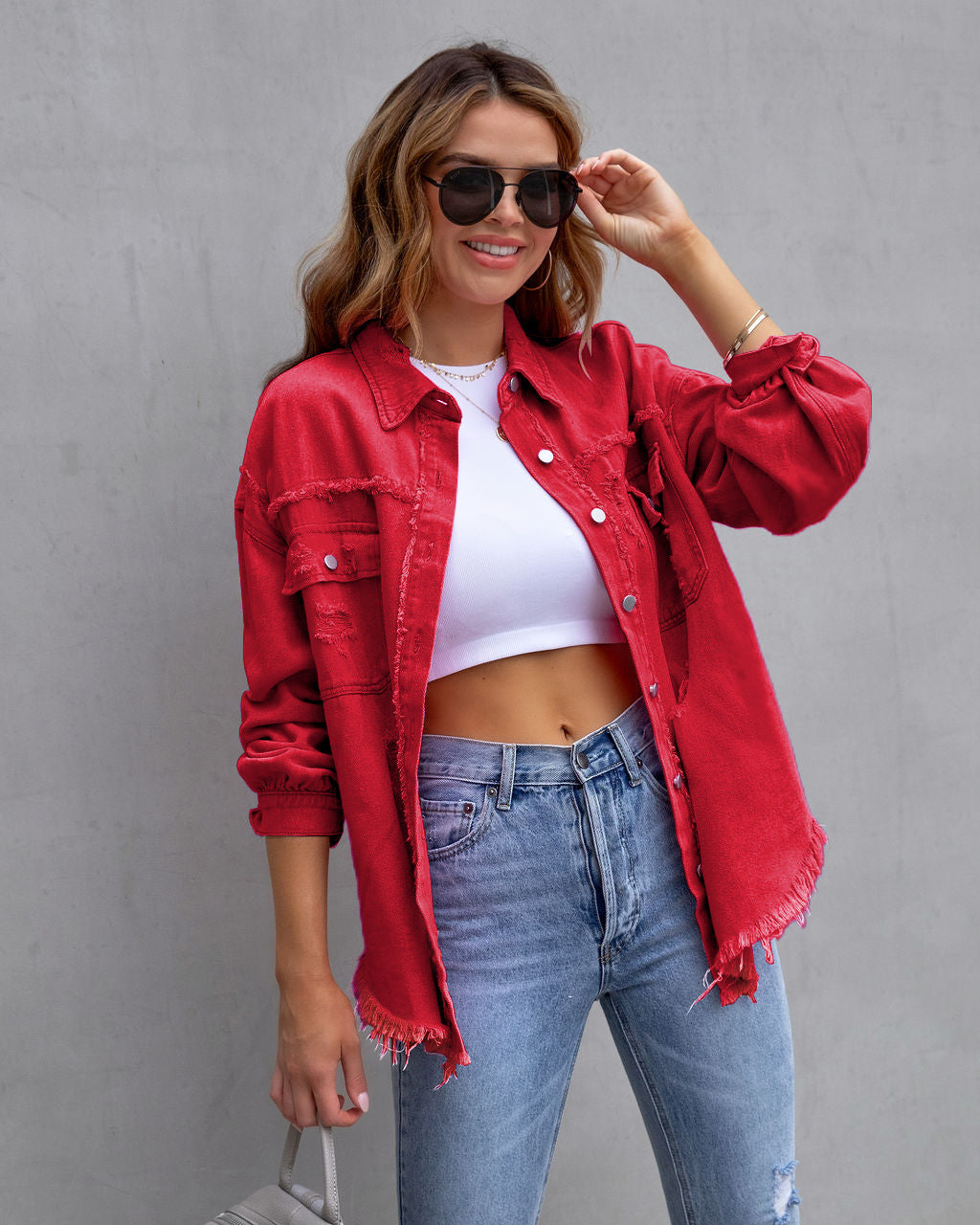Women's Casual Ripped Shirt Jacket for Spring and Autumn