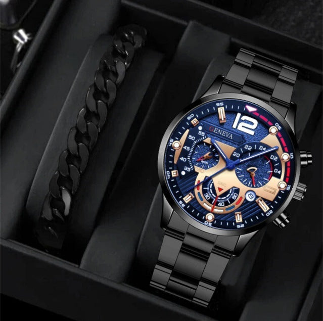 Men's Three-Eye Quartz Watch And Bracelet Set In Steel Strip